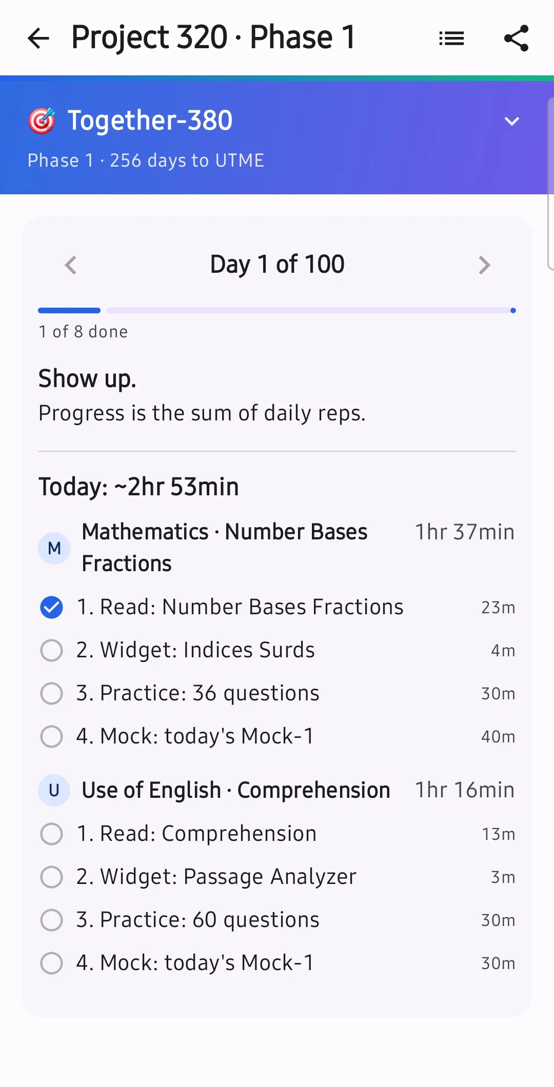 Project 320 — Structured UTME preparation programme with daily plan and progress tracking