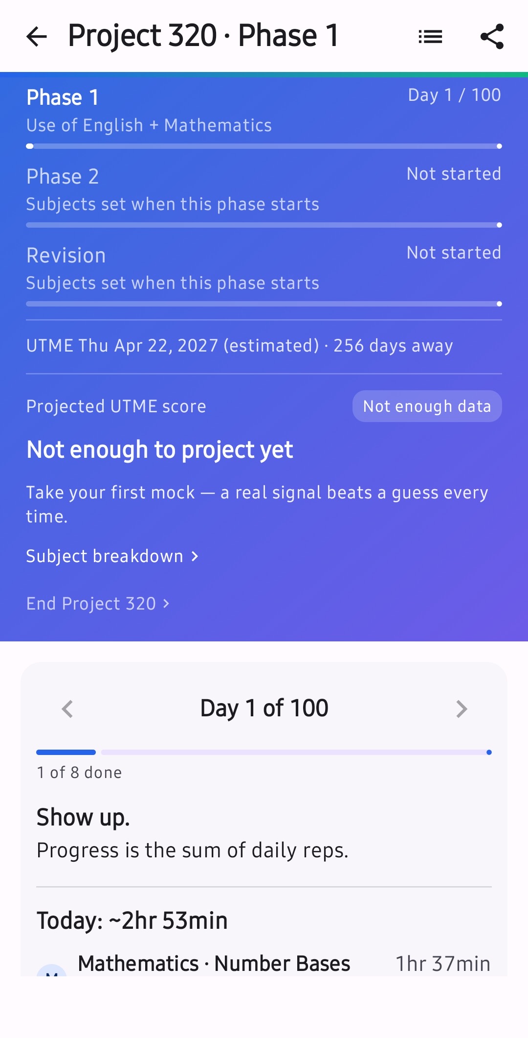 Project 320 — Daily plan dashboard showing subject tasks