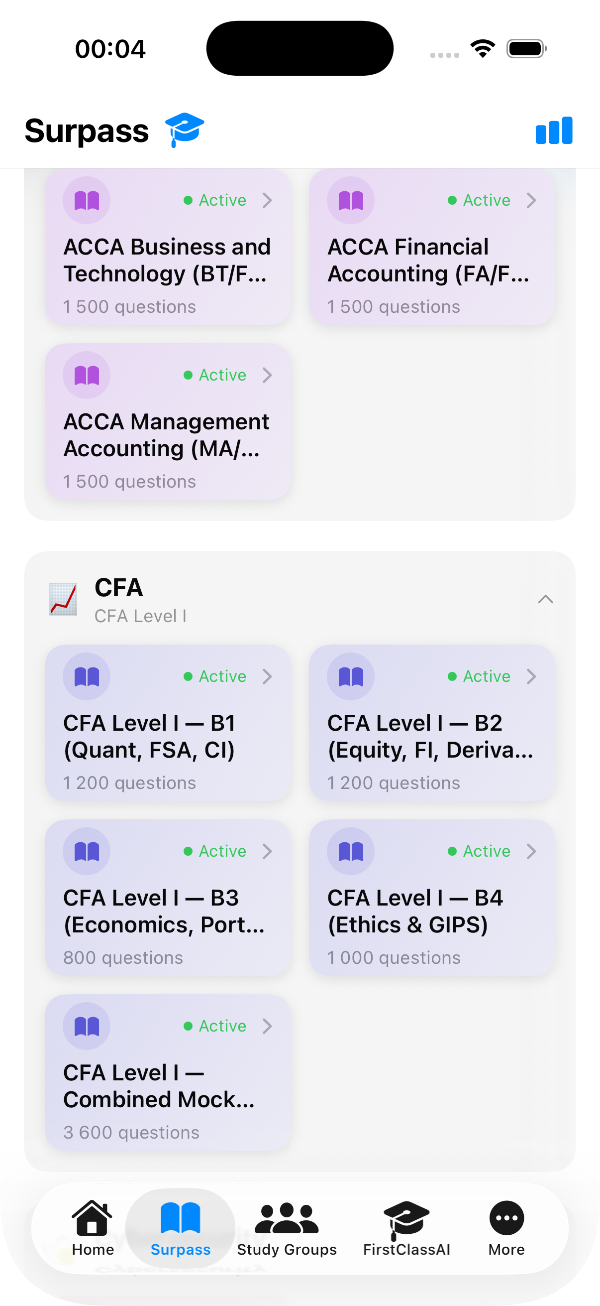 Tenkobo Elite Certifications — CFA and PMP flashcard study screen