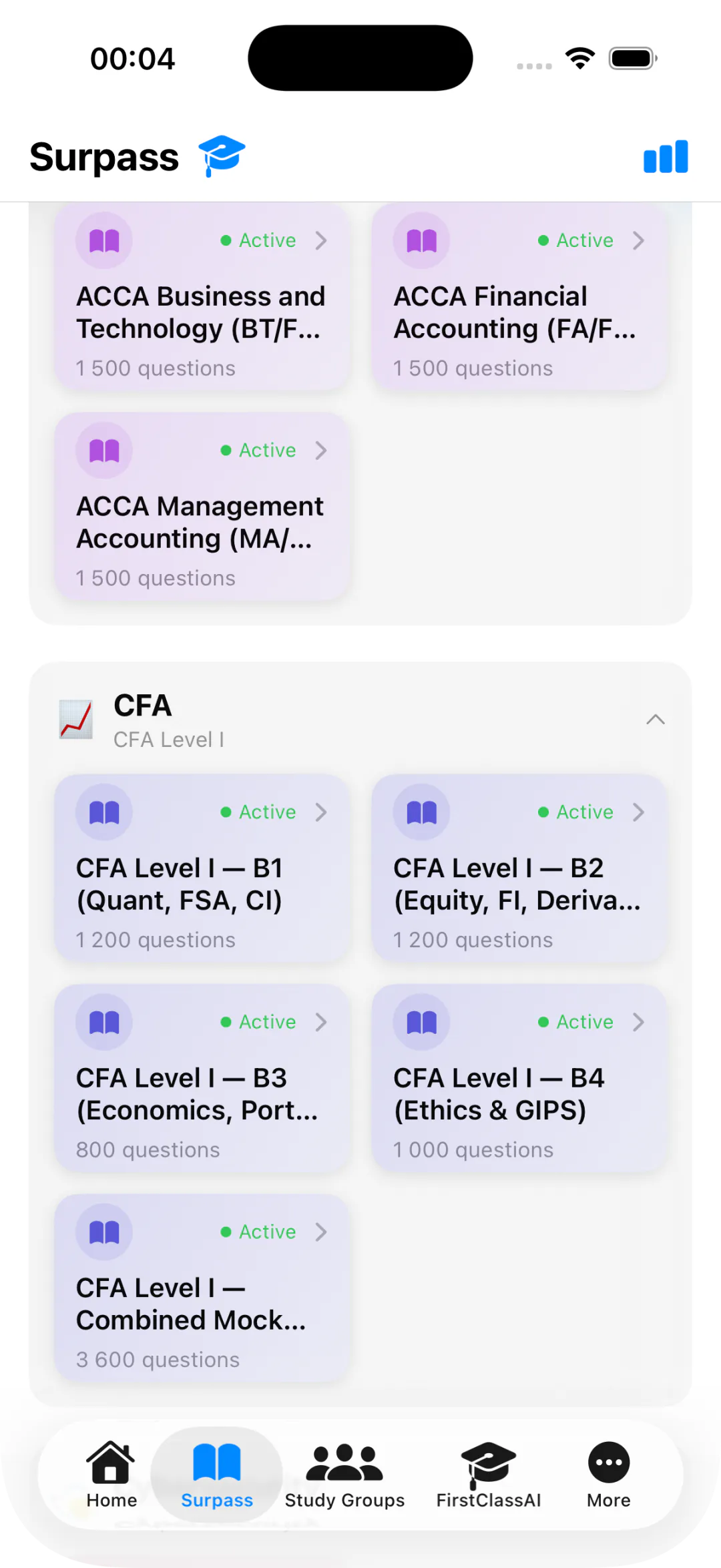 Tenkobo Elite Certifications — CFA and PMP flashcard study screen