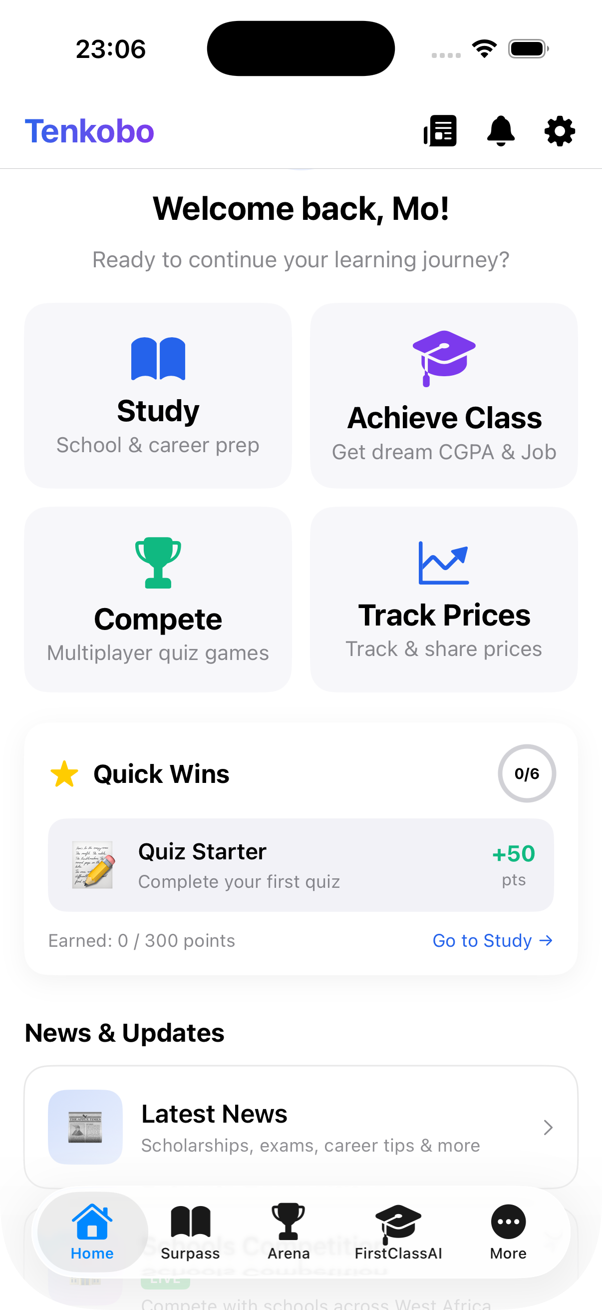 Tenkobo Home Screen - Study, Compete, Track Prices and more (Click to view full size)
