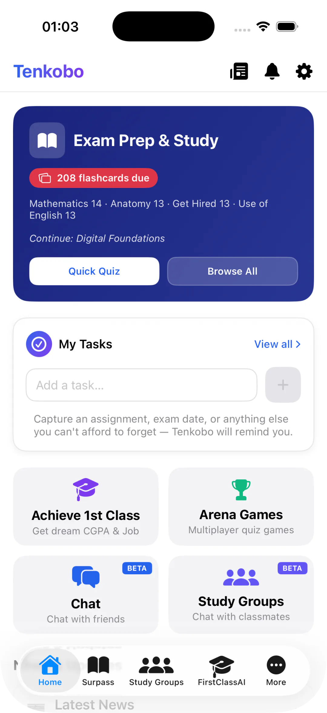 Tenkobo Home Screen - Study, Compete, Connect and more (Click to view full size)