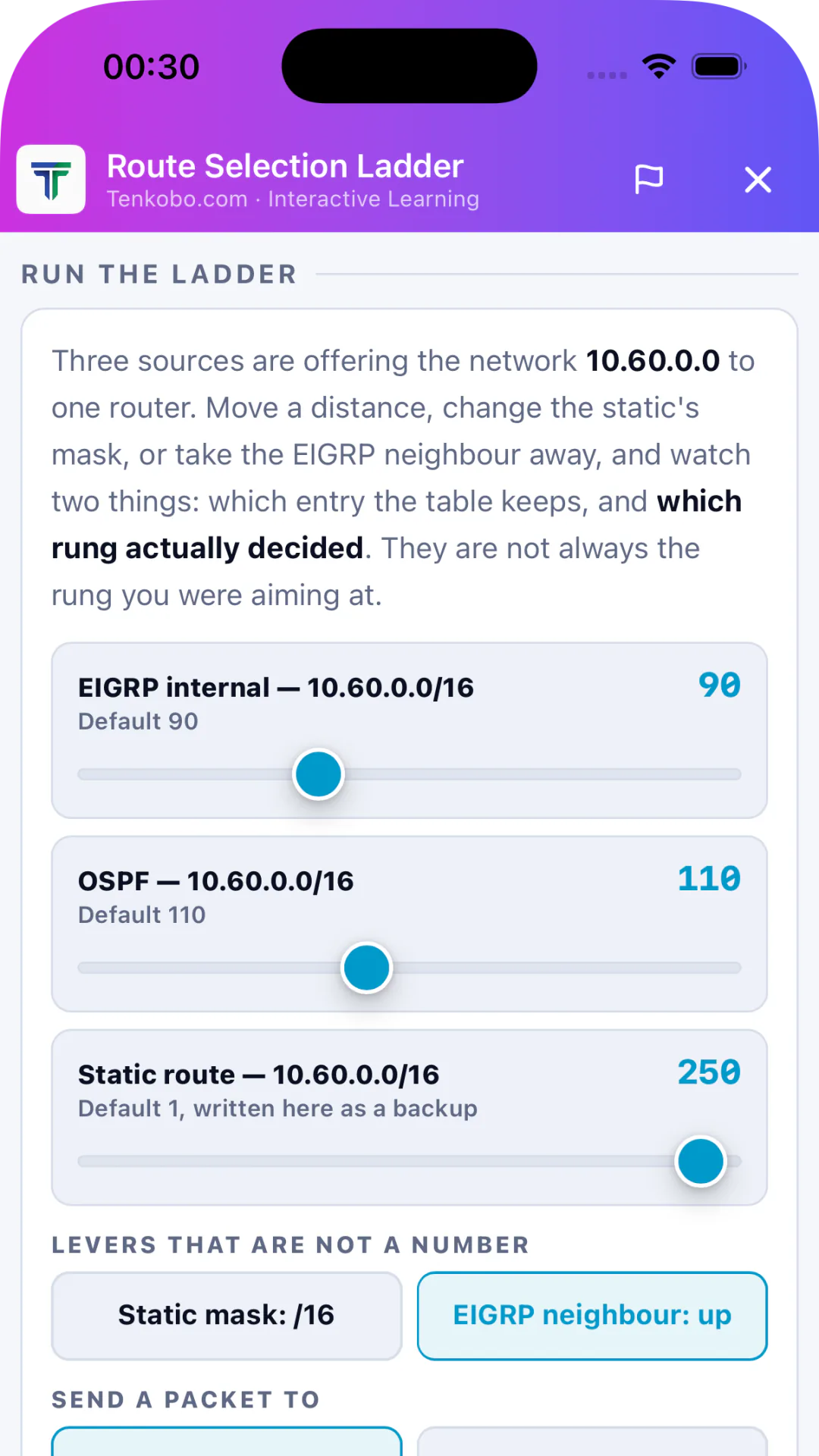 Tenkobo ENARSI interactive widget — Route Selection Ladder with EIGRP, OSPF and static distance sliders and a live routing table showing which route wins