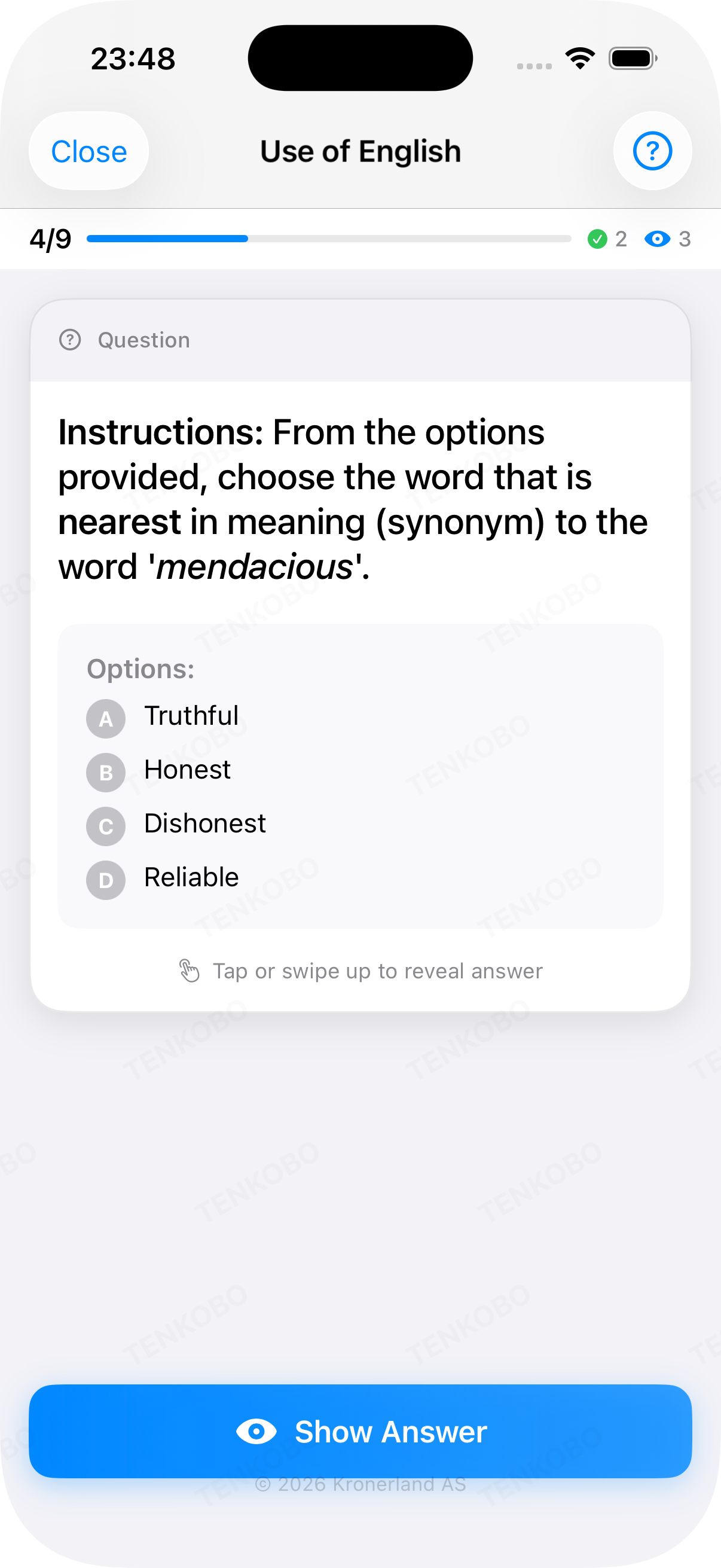 Tenkobo O-Level — Use of English flashcards quiz interface