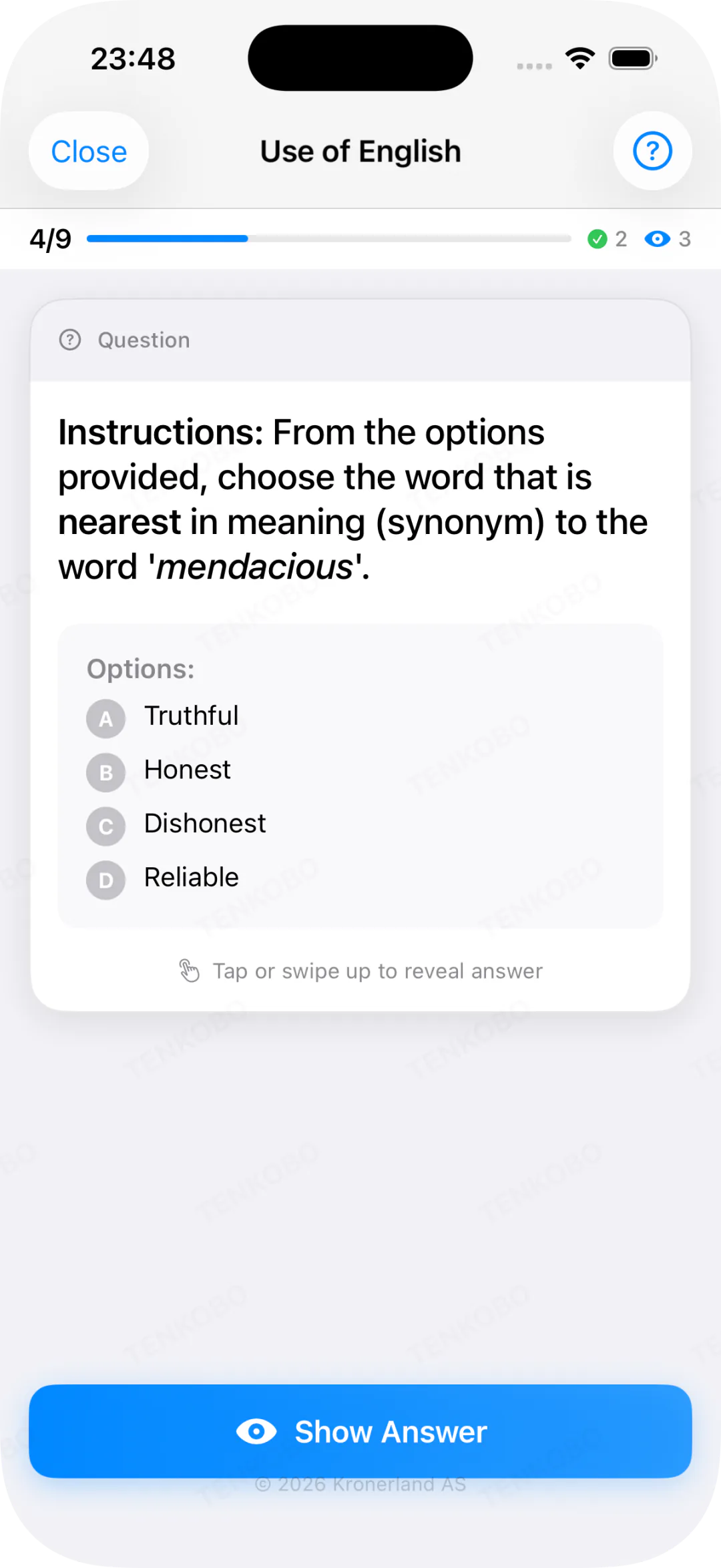 Tenkobo O-Level — Use of English flashcards quiz interface