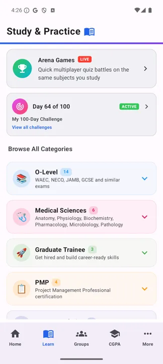 Study & Practice home showing an active challenge and subject categories