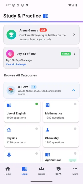 O-Level category expanded, showing Use of English and Mathematics