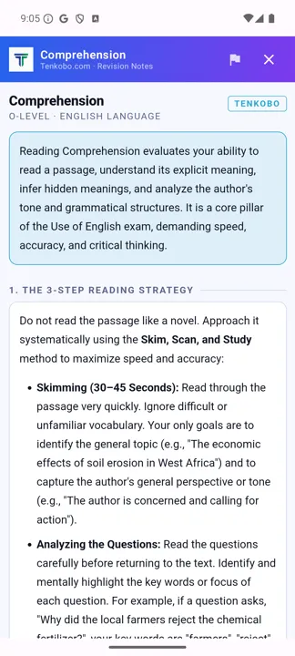 The Comprehension revision note, showing the 3-step reading strategy