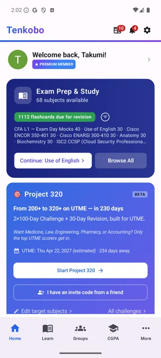 The Project 320 card on the Home screen