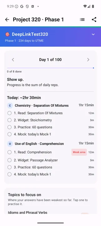 Project 320 Phase 1 dashboard showing Day 1 of 100 and the day's tasks