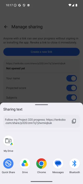 The share sheet with a Project 320 progress link, and the Manage sharing screen behind it