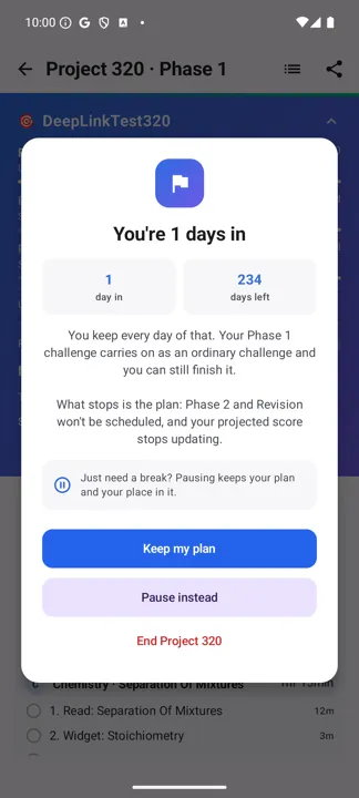 The End Project 320 dialog showing days invested and days remaining
