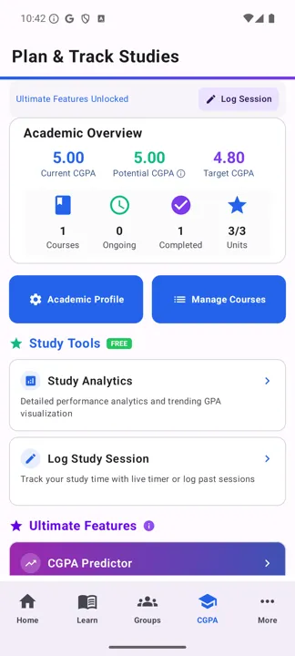 Plan and Track Studies home with Academic Overview, Study Tools and Ultimate Features