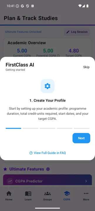 The FirstClass AI getting-started carousel, step 1 of 5, over the CGPA home