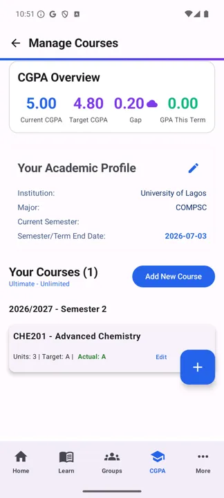 CGPA Overview screen showing current CGPA, target, and the gap between them