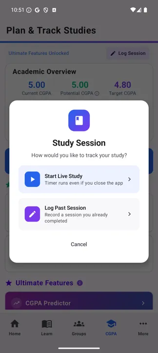 Study Session screen offering Start Live Study or Log Past Session