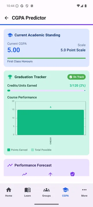 CGPA Predictor showing current standing, graduation tracker and course performance chart
