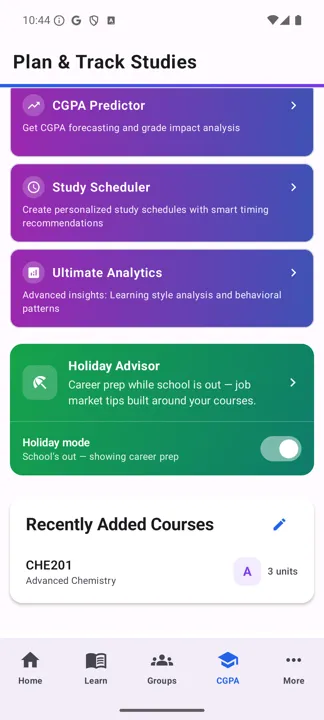 The Ultimate Features list: CGPA Predictor, Study Scheduler, Ultimate Analytics, and Holiday Advisor