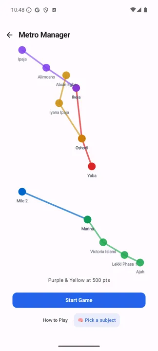 The Metro Manager start screen showing the Lagos map with its coloured lines