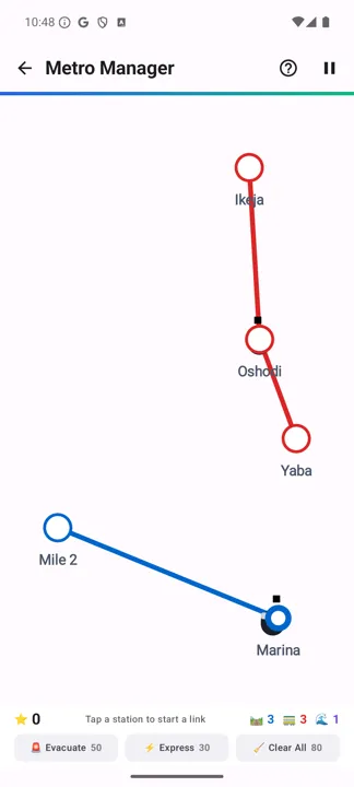 Metro Manager: Lagos in play — the Lagos map with coloured metro lines, score and resources along the bottom