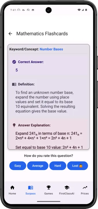 A Tenkobo Mathematics flashcard with the answer and rating buttons