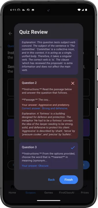 Short Quiz review screen with a worked answer explanation
