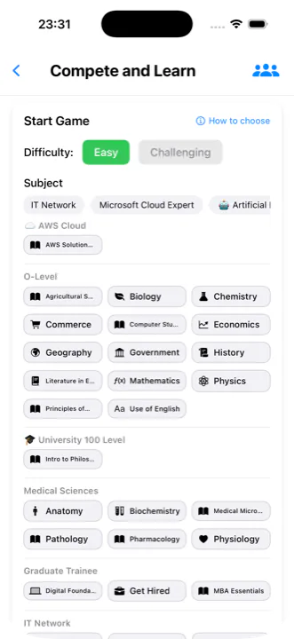 Arena — Compete and Learn: pick a difficulty and subject to start a live quiz (Click to view full size)