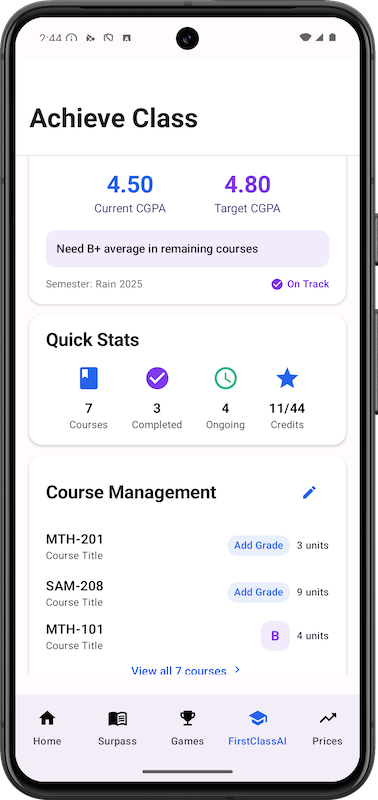 FirstClassAI Academic Advisor - CGPA Calculation and Goal Setting (Click to view full size)