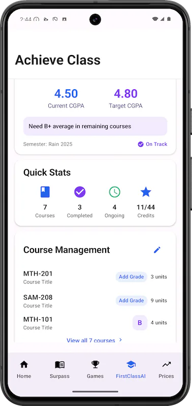 FirstClassAI Academic Advisor - CGPA Calculation, Goal Setting, and AI Recommendations (Click to view full size)