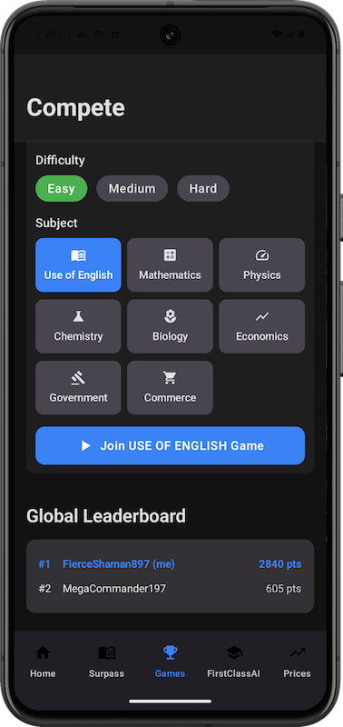 SurpassGames Competitive Learning - Real-time Leaderboards and Rewards (Click to view full size)